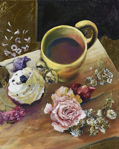 Coffee Time with Roses Original Painting Nina Koba by Nina Koba