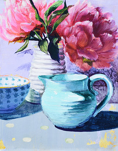 Peonies in a Blue Pitcher Original Artwork Nina Koba by Nina Koba