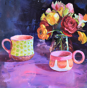 Ranunculus with Coffee Kitchen Art Original Artwork Nina Koba by Nina Koba
