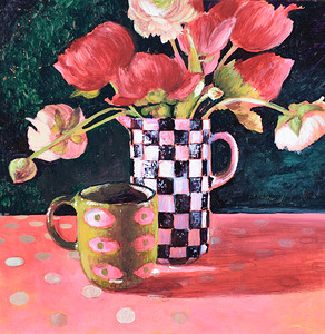 original oilpainting redranuncula greenmug by Nina Koba
