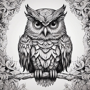 Black ink Illustration of an owl white background