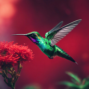 Flying red Rubi and green iridescent Colibri