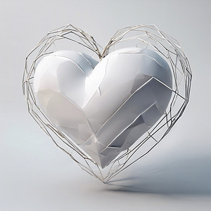  A three dimensional white geometric heart is flo