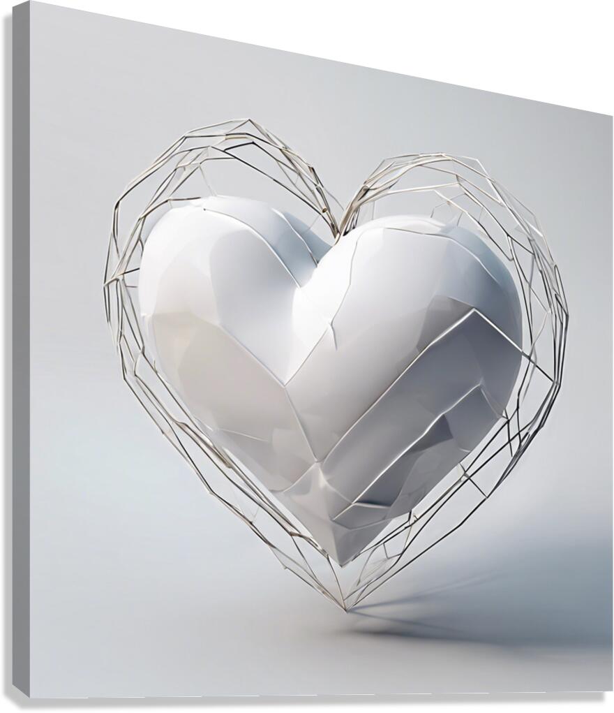  A three dimensional white geometric heart is flo Canvas Print