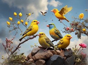 Image of four birds three colorful birds