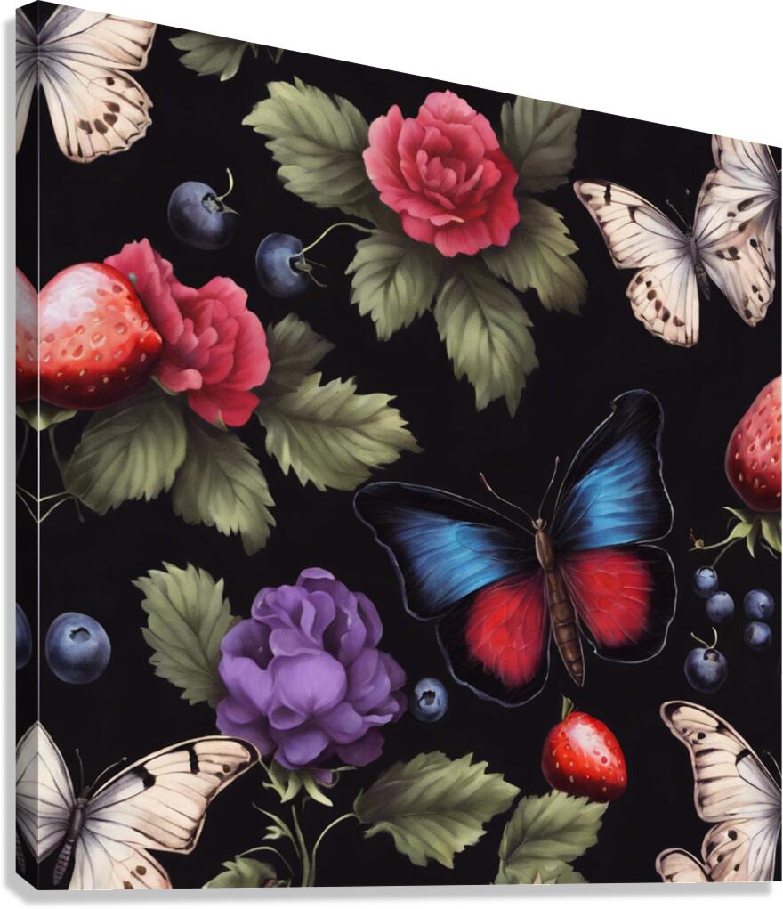  Cottage core vibrant florals with a butterfly on black  Canvas Print