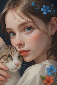 Tender Girl and Curious Cat Adorned in Blue Flowers 1 by Synth Art Emporium