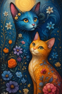 Enchanted Blue and Orange Cats Gazing at Swirling Moon with Flowers 1 by Synth Art Emporium