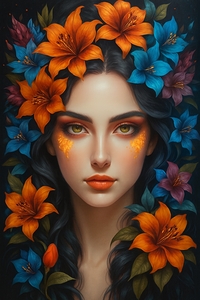 Mystical Woman Crowned in Vibrant Orange and Blue Lilies 1 by Synth Art Emporium