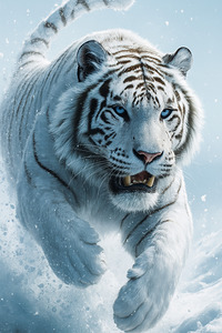 Fierce Snow Leap: White Tiger with Piercing Blue Eyes 1
