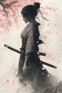 Fierce Samurai Warrior Amidst Falling Cherry Blossoms 1 by Synth Art Emporium