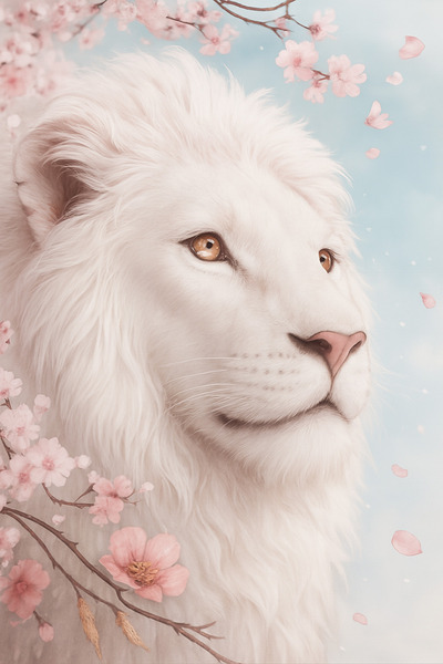 Majestic White Lion in Cherry Blossom Dream 1 Print