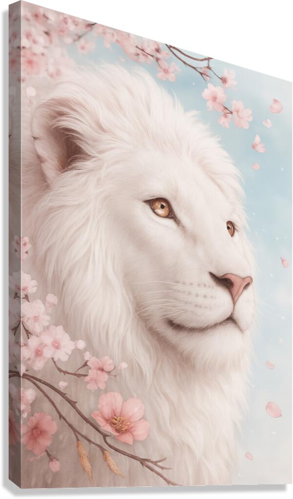 Majestic White Lion in Cherry Blossom Dream 1 Canvas Print