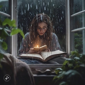 Lady reading book by candlelight during rainstorm AI