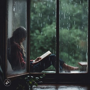 AI Girl reads book behind window during rainstorm