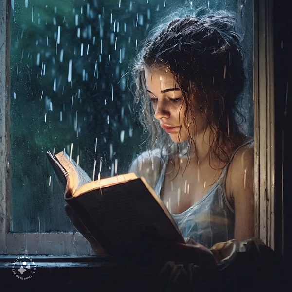 Girl in humid air reads book near window  by SgtPro