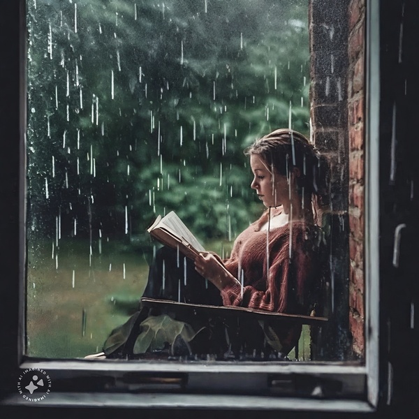 Girl reading beside window during rainstorm AI by SgtPro