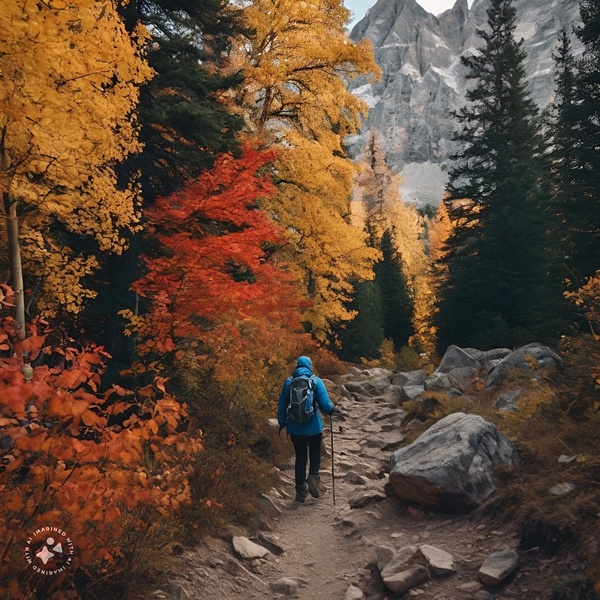 Blue coated hiker in colorful forest by SgtPro