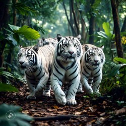 Three white tigers in forest