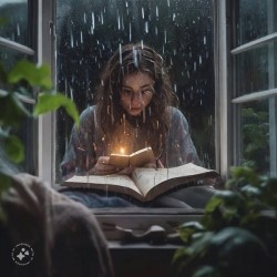 Lady reading book by candlelight during rainstorm AI