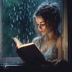 Girl in humid air reads book near window 