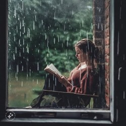 Girl reading beside window during rainstorm AI
