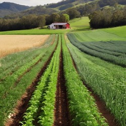 Rows of green plants leading to red barn AI