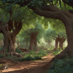 Tree shaded path through forest AI