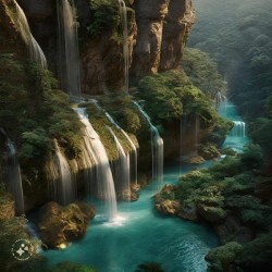 Waterfalls spilling into river AI