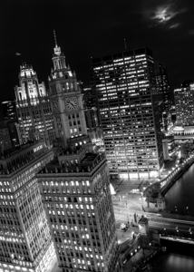 moonrise over downtown chicago at night  vertical