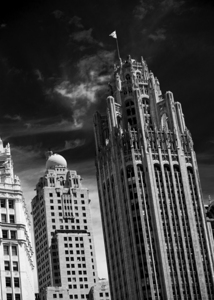 wind whipped us flag atop tribune building  verti