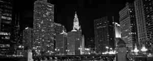 wrigley building and chicago river at night  pano
