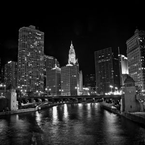 wrigley building and chicago river at night  squa