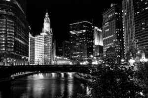 wrigley building and wabash bridge at night  hori