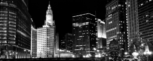 wrigley building and wabash bridge at night  pano