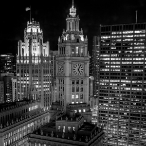 wrigley building clock face at night  square 2568