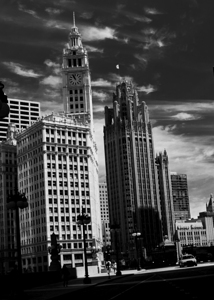 wrigley tribune buildings whispy sky  vertical 81