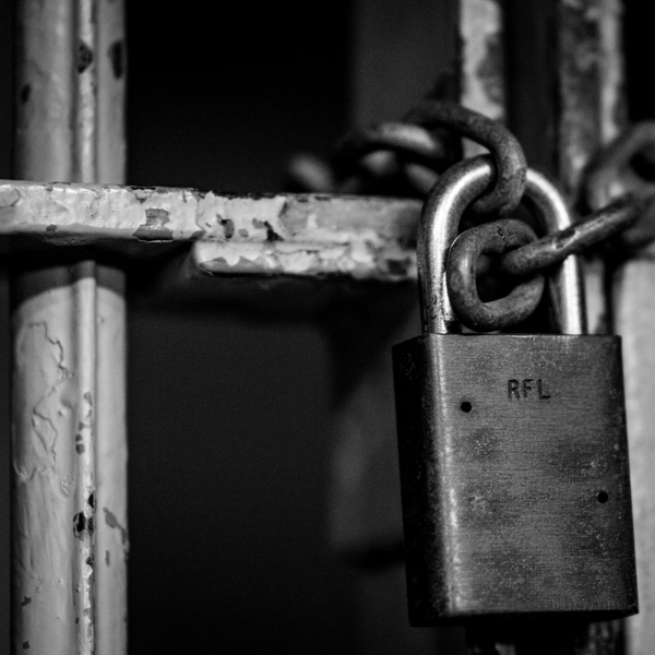 chain lock cell door alcatraz  square 2832 Locked Print