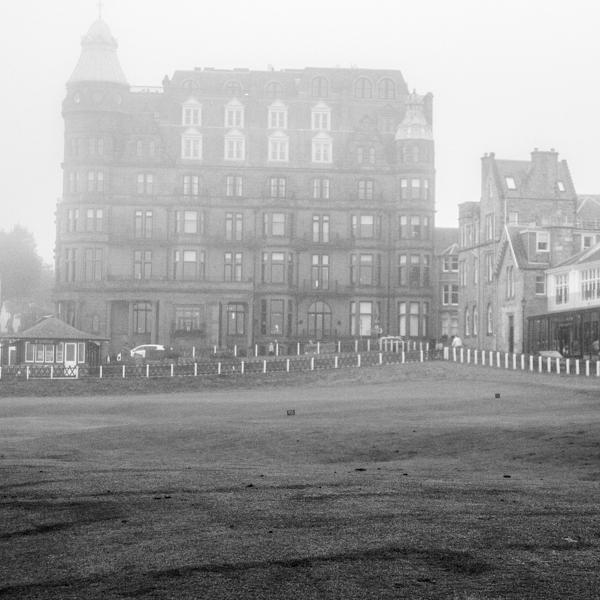 foggy 18th hole st andrews  square 4646 Kilrymont Print