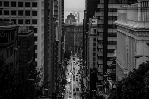 foggy rainy california street bay bridge  horizon Print