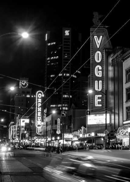 vogue theater at night granville street  vertical Print