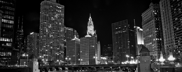 wrigley building and chicago river at night  pano Print