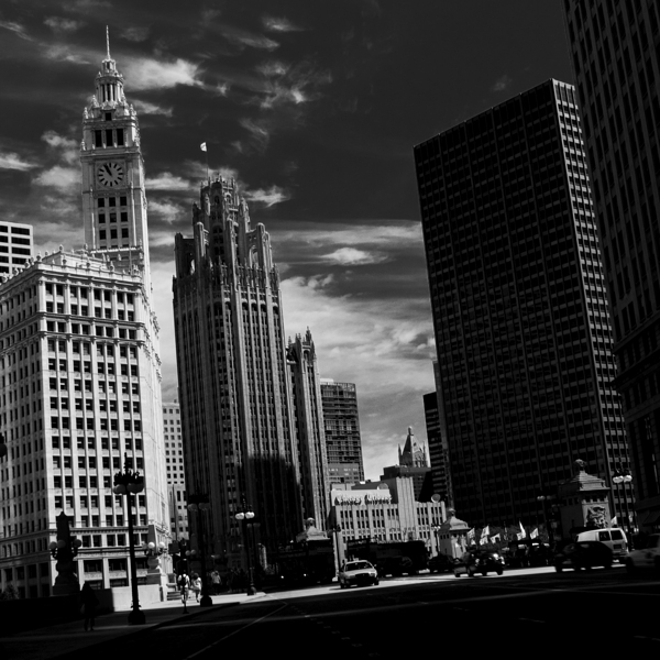 wrigley tribune buildings whispy sky  square 81 S Print