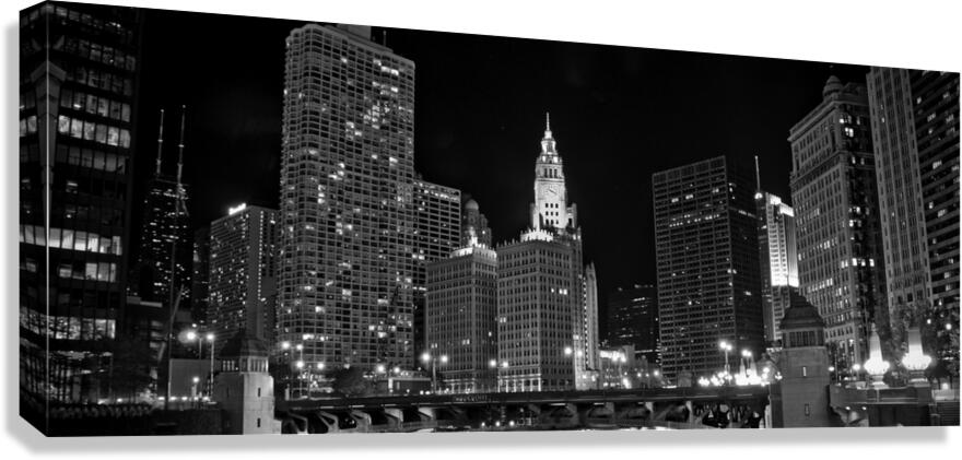 wrigley building and chicago river at night  pano Canvas Print