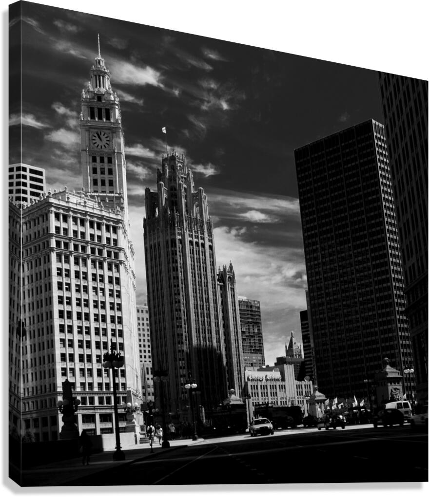 wrigley tribune buildings whispy sky  square 81 S Canvas Print