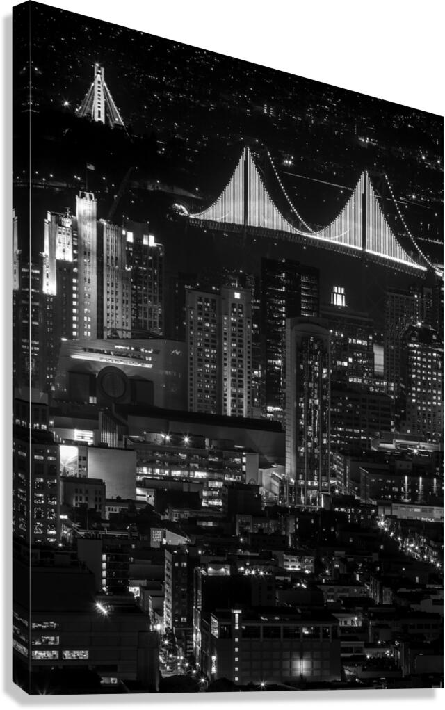 fully illuminated bay bridge night  vertical 2941 Canvas Print