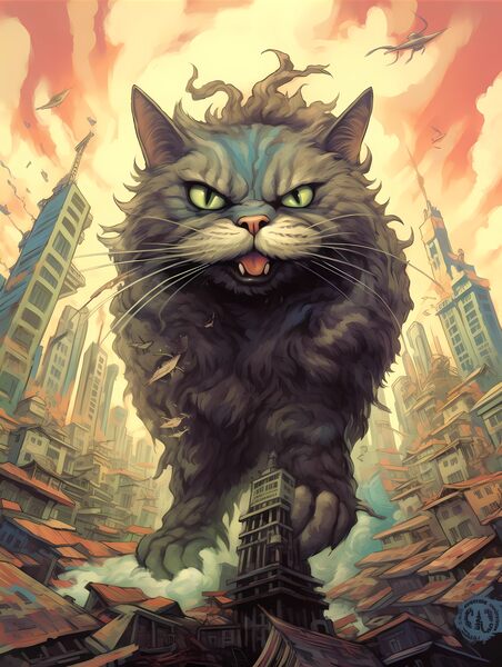 Catzilla Vintage - Giant Cat Attack by Win Hardy