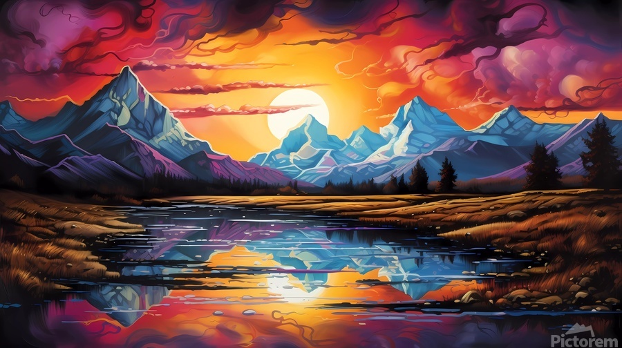 Vibrant psychedelic sunset over a mountain by Win Hardy Wall Art