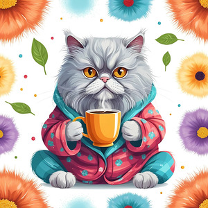 A vibrant Persian cat in cozy pajamas enjoys a steaming cup of coffee