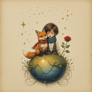 Boy and Fox on a Tiny Round Planet with Red Rose Vibrant Colors Beige Background Twinkling Stars and Intricate Details Perfect for Nursery Kids Room.
